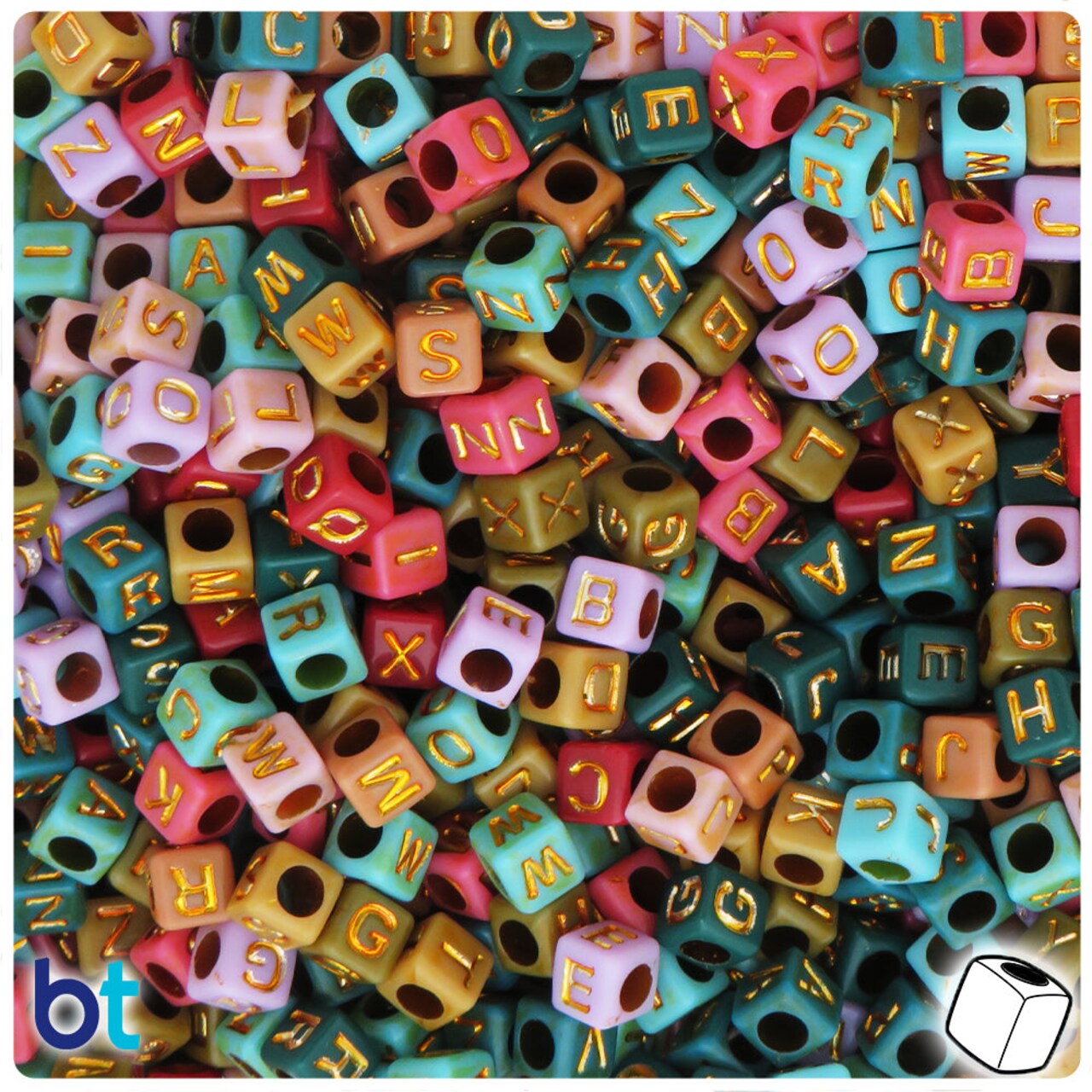 BeadTin Country Opaque Mix 6mm Cube Plastic Alpha Beads - Gold Letter Mix (200pcs)